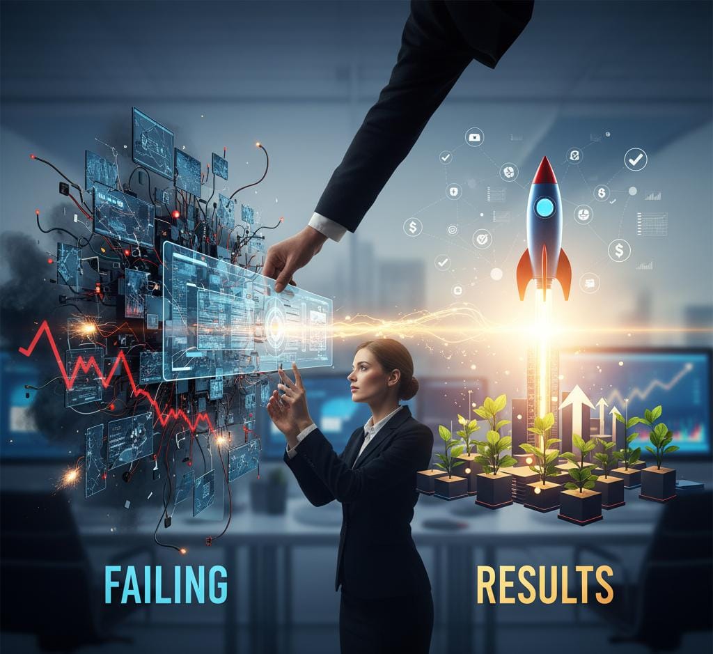 A business person interacting with a complex digital interface displaying failing ad campaign data, while on the right, a rocket launches and small plants grow upwards, representing the transformation of failures into successful results.